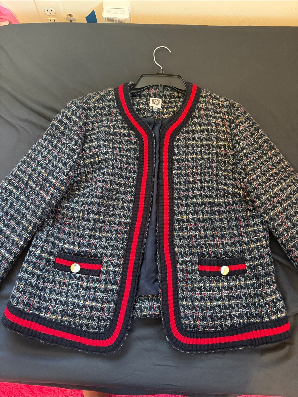 Anne Klein Navy Tweed Blazer with Red Trim